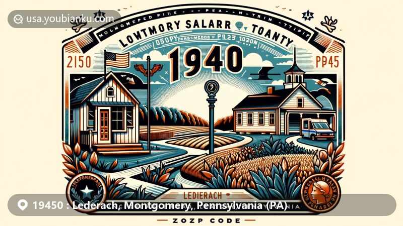 Modern illustration of Lederach, Montgomery County, Pennsylvania, showcasing postal theme with ZIP code 19450, featuring rural and peaceful nature, Pennsylvania state symbols, post office box, and postal stamp.
