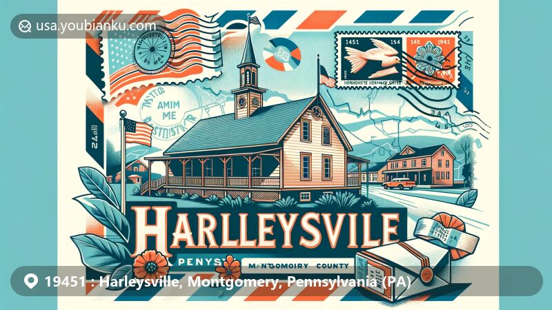 Modern illustration of Harleysville, Pennsylvania, focusing on the Mennonite Heritage Center with ZIP code 19451, featuring vintage air mail envelope showcasing iconic symbols of the state and local flora.