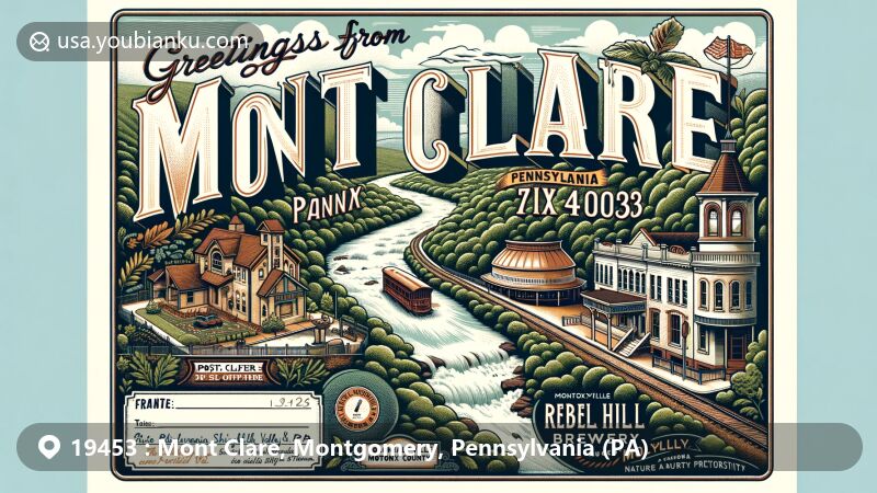 Vintage-style illustration of Mont Clare, Pennsylvania, ZIP Code 19453, with Schuylkill River and Colonial Theatre, showcasing local history and modern attractions.