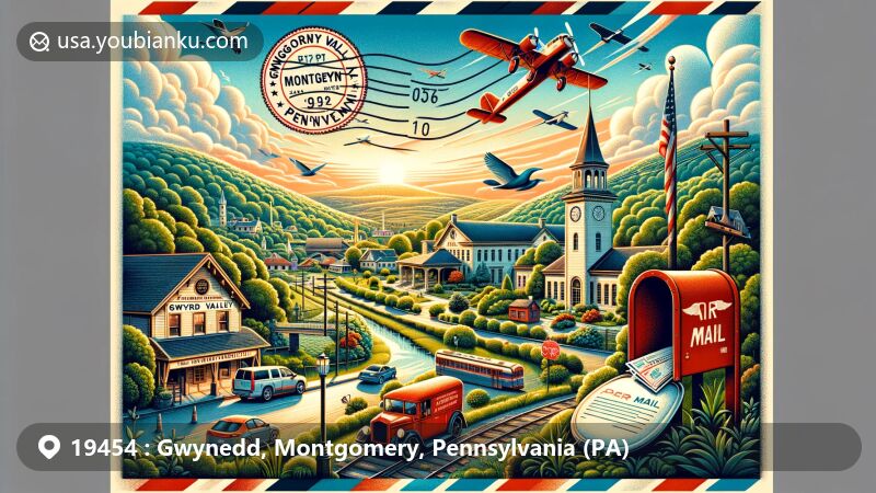 Modern illustration of Gwynedd area, Montgomery County, Pennsylvania, depicting vibrant scene in open air mail envelope, showcasing lush greenery, Penllyn station, and Gwynedd Valley station, with Pennsylvania state flag, postal theme elements, and ZIP code 19454.