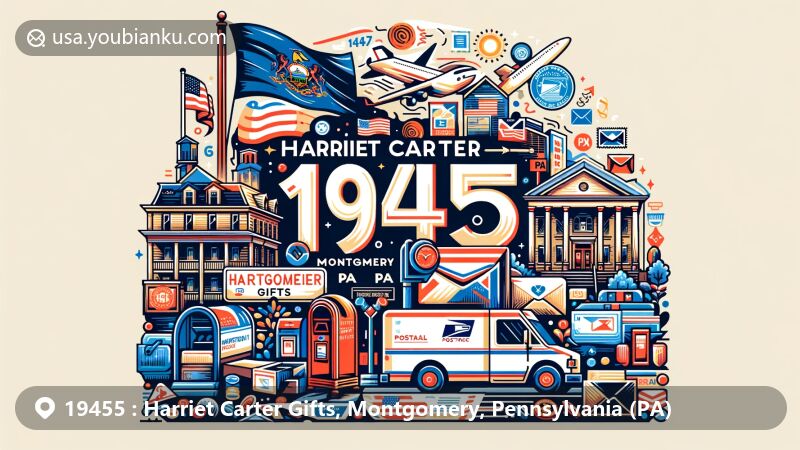 Modern illustration of Harriet Carter Gifts, Montgomery, Pennsylvania (PA), showcasing postal theme with ZIP code 19455, featuring Pennsylvania state flag, Montgomery county outline, postcard, airmail envelope, stamps, postmark, and mailbox.