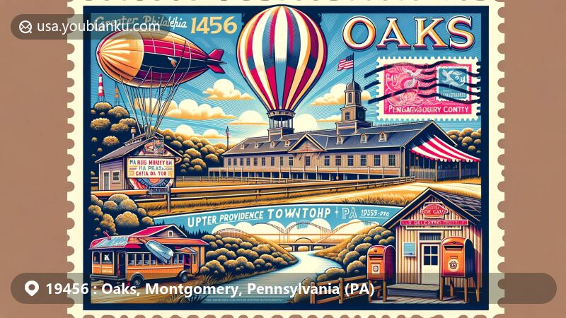 Modern illustration of Oaks, Montgomery County, Pennsylvania, featuring the Greater Philadelphia Expo Center, historic Schuylkill Canal with Lock House, Pennsylvania landscape, vintage postal elements, and unique charm of Upper Providence Township.