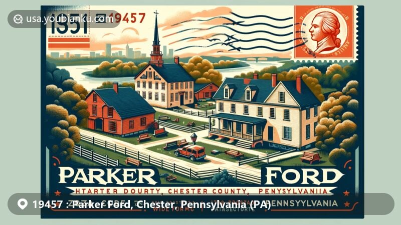 Modern illustration of Parker Ford, Chester County, Pennsylvania, depicting historic district with tavern, stable, 18th-century houses, Schuylkill River, and Pennsylvania state flag.