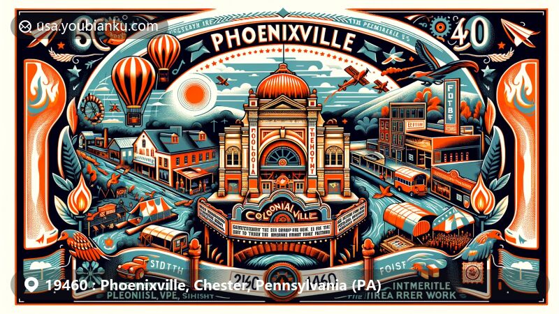 Modern illustration of Phoenixville, Chester County, Pennsylvania, capturing the essence of ZIP code 19460 with Colonial Theatre, Phoenix Iron Works, Firebird Festival, Schuylkill River, French Creek, and postal symbols.