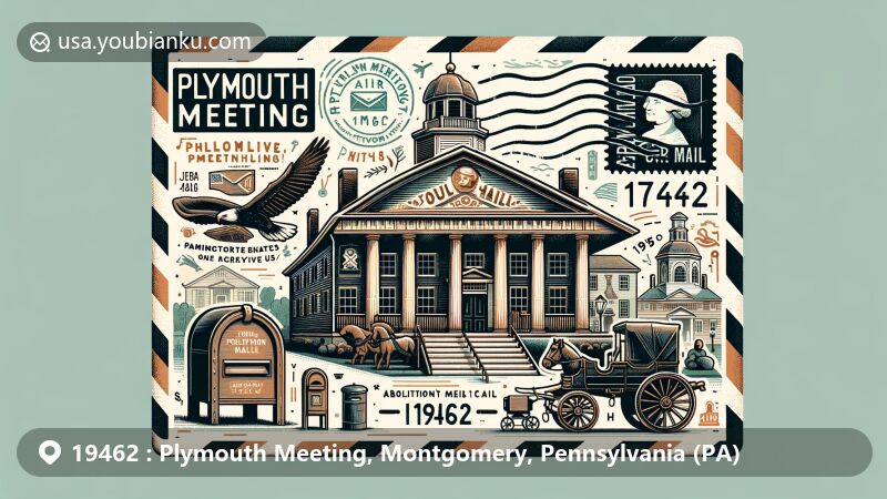 Contemporary artwork of Plymouth Meeting, Montgomery County, Pennsylvania, depicting historical landmarks and modern architecture, capturing the essence of the town.