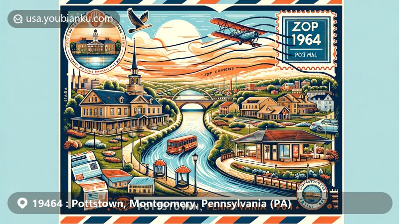 Modern illustration of Pottstown, Pennsylvania, showcasing postal theme with ZIP code 19464, featuring Pottsgrove Manor, Schuylkill River Trail, Memorial Park, and ArtFusion 19464, highlighting history, recreation, arts, and industrial heritage.