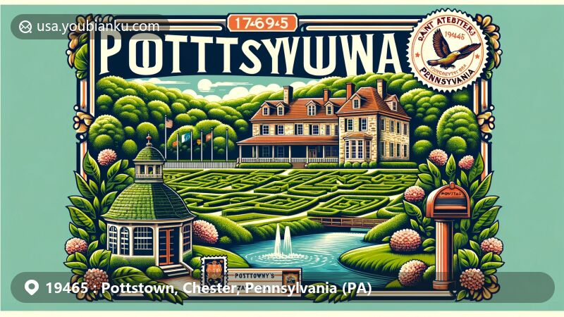 Modern illustration of Pottstown, Pennsylvania area, showcasing Welkinweir's arboretum and Saint Peter's Village along French Creek, with traditional postal elements, vintage postage stamp, and Pennsylvania state symbols.