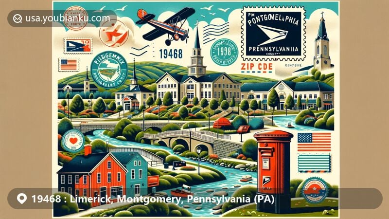 Modern illustration of Limerick, Montgomery County, Pennsylvania, featuring ZIP code 19468, showcasing vibrant community scene with greenery, residential areas, and iconic symbols like Philadelphia Premium Outlets.