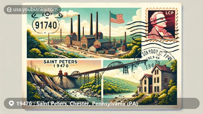 Modern illustration of Saint Peters, Chester County, Pennsylvania, showcasing 19th-century industrial elements like a granite quarry and an iron mine, set against the natural backdrop of Hopewell Big Woods, featuring the Pennsylvania state flag.