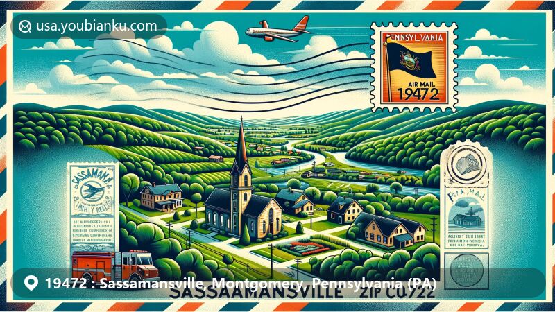 Modern illustration of Sassamansville, Pennsylvania, showcasing postal theme with ZIP code 19472, featuring rolling hills, St. Paul's Lutheran Church, and Sassamansville Fire Co. No. 1.