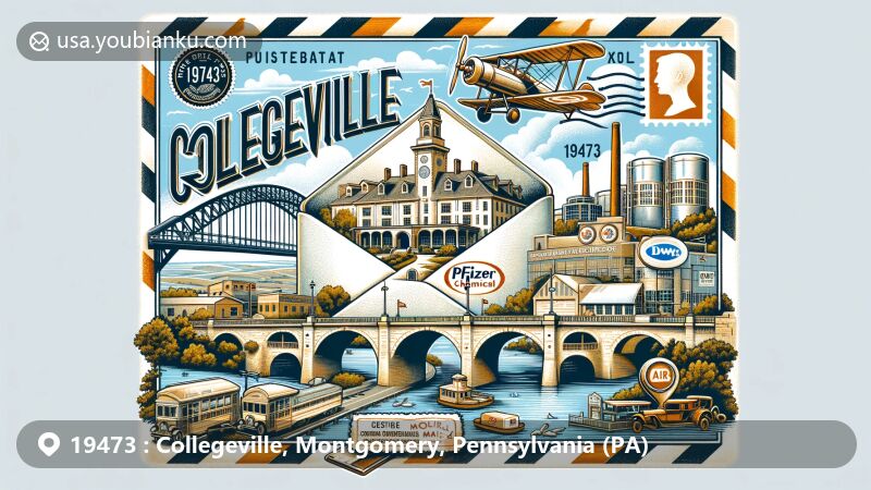 Modern illustration of Collegeville, Montgomery County, Pennsylvania, capturing postal heritage with Perkiomen Bridge, Perkiomen Bridge Hotel, Ursinus College, Pfizer, and Dow Chemical. Air mail envelope featuring ZIP code 19473, Collegeville stamp, and traditional mail carriage.
