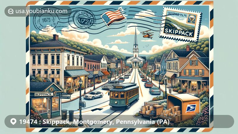 Modern illustration of Skippack, Pennsylvania, capturing the town's postal theme and historical charm, featuring vibrant shopping village, Souderton, Skippack & Fairview Electric Railway Co., Indenhofen House, and airmail envelope with Pennsylvania state flag stamp and '19474 Skippack, PA' postmark.