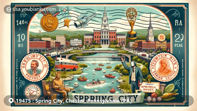 Modern illustration of Spring City, Pennsylvania, in Chester County, featuring vintage postcard design with symbols of Sherwood H. Hallman, Chuck Sheetz, and Ham Wade, set against typical Chester County scenery.