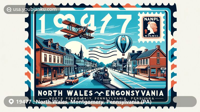Modern illustration of North Wales, Pennsylvania, featuring historical buildings and North Pennsylvania Railroad within a postal theme, with custom stamp showing '19477' and 'North Wales', integrating local history and postal heritage.