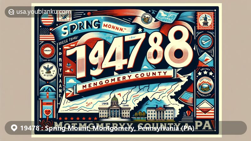 Modern illustration of Spring Mount, Montgomery County, Pennsylvania, with ZIP code 19478, featuring county outline, Pennsylvania symbols, and postal theme elements.