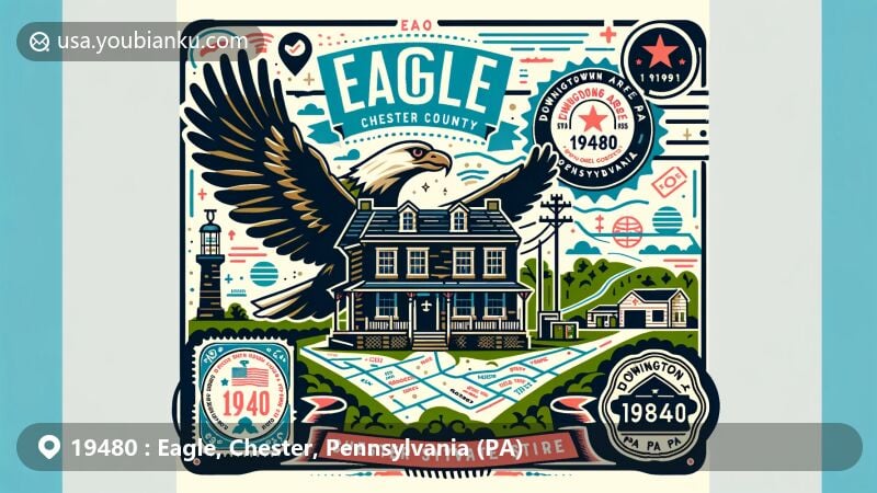 Modern illustration of Eagle, Chester County, Pennsylvania, focusing on the historic Eagle Tavern, surrounded by green landscapes, Downingtown Area School District, and postal themes, including a vintage postage stamp and 'Eagle, PA 19480' postmark stamp.