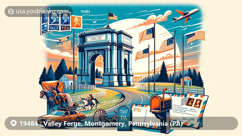 Modern illustration of Valley Forge National Historical Park, highlighting postal theme with postcard, stamps, mailbox, and '19484' & 'Valley Forge, PA'. Incorporates historical heritage and postal culture in a creative style suitable for web use.