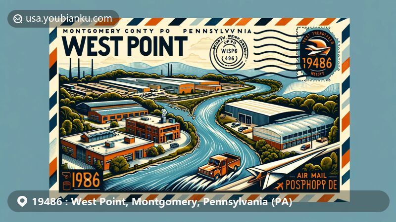 Modern illustration of West Point, Montgomery County, Pennsylvania, with a postal theme inspired by ZIP Code 19486, featuring Zacharias Creek, Skippack and Perkiomen Creeks, and the Merck & Co. facility.