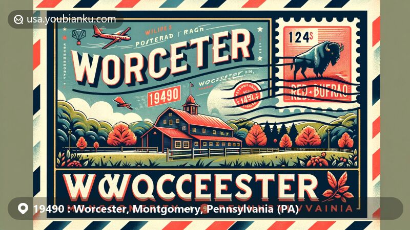 Modern illustration of Worcester, Montgomery County, Pennsylvania, showcasing postal theme with ZIP code 19490, featuring Merrymead Farm and Peter Wentz Farmstead, integrating vintage postage stamp and cancellation mark.