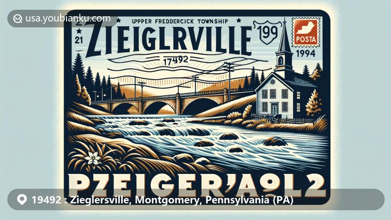 Modern illustration of Zieglerville, Montgomery County, Pennsylvania, highlighting postal theme with ZIP code 19492, showcasing Perkiomen Creek and historic Bridge in Upper Frederick Township.