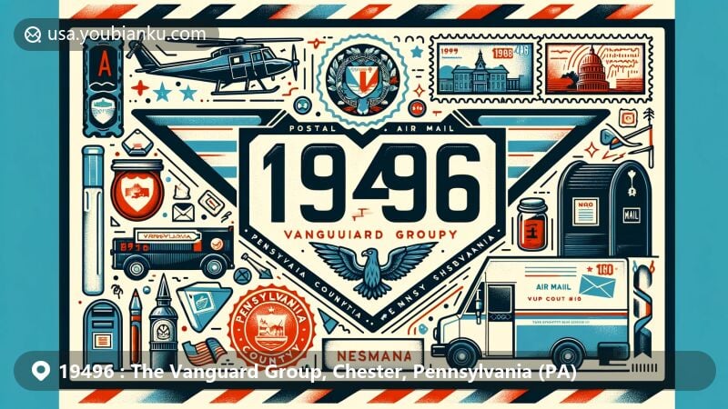 Modern illustration of ZIP Code 19496, blending regional and postal features with The Vanguard Group, Pennsylvania state flag, and Chester County outline, including air mail envelope, stamps, postmark, mailbox, and mail van.