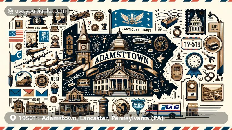 Modern illustration of Adamstown, Pennsylvania, capturing the essence of the 'Antiques Capital' with postal theme, featuring airmail envelope design, state flag, Lancaster County map outline, Stoudtburg Village charm, stamps, ZIP code '19501', mailbox, and mail van.