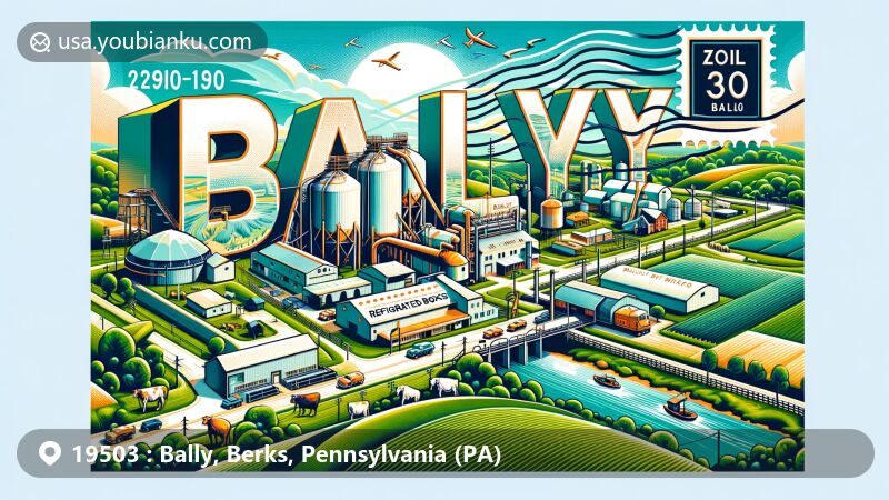 Modern illustration of Bally, Pennsylvania, showcasing postal theme with ZIP code 19503, featuring symbols of dairy farms and local businesses like Bally Refrigerated Boxes, Bally Ribbon Mills, and Bally Block Co. Artistic influence of Harry Bertoia with abstract metal sculpture elements.