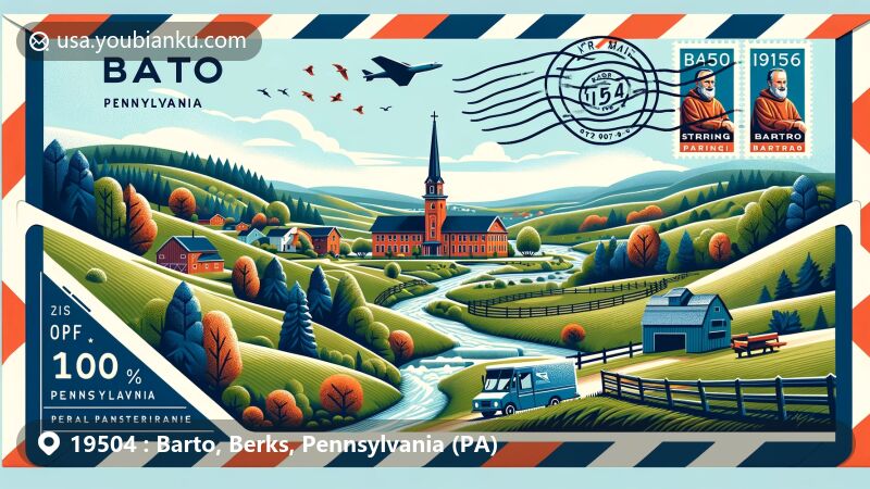 Modern illustration of Barto, ZIP code 19504, highlighting rural landscape, National Centre for Padre Pio, and Barto Spring, designed in postcard style with postal elements.