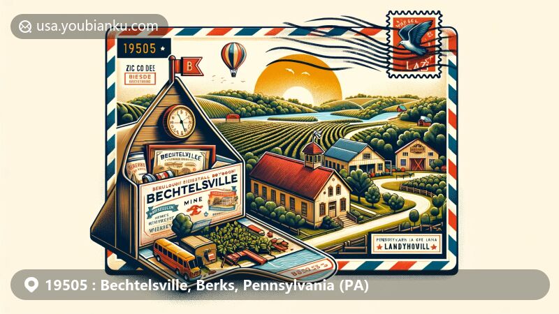 Modern illustration of Bechtelsville, Pennsylvania, showcasing postal theme with ZIP code 19505, featuring Ridgewood Winery and Lazy K Campground.