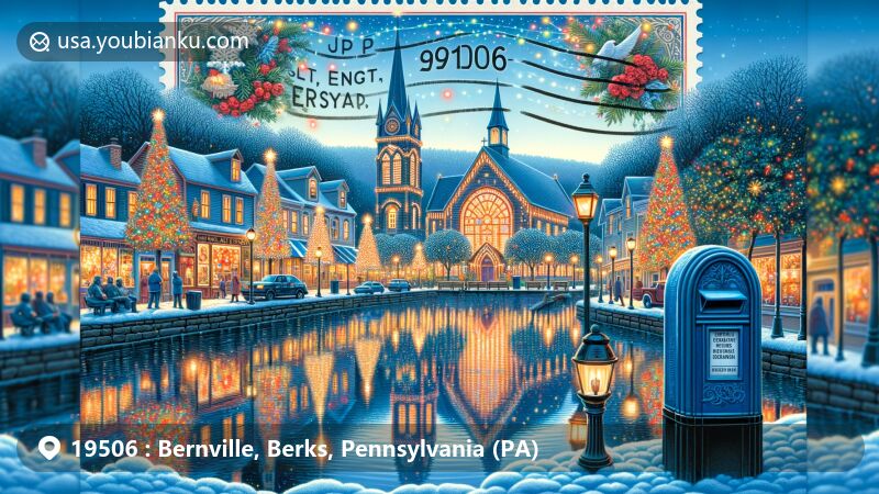 Modern illustration of Koziar's Christmas Village in Bernville, Berks County, Pennsylvania, showcasing festive lights and decorations reflecting in water, evoking magical holiday season atmosphere.