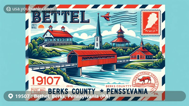 Modern illustration of Bethel area, Berks County, Pennsylvania, with postal theme incorporating elements like postcards, stamps, and postmarks. Features iconic landmarks and symbols: the red covered bridge at Gring's Mill symbolizing county history and nature connection; Pagoda on Mount Penn offering panoramic view and unique architectural feature; and the white-tailed deer, symbol of local wildlife. Background captures essence of Bethel area, hinting at Susquehanna River basin and rural landscapes, showcasing ZIP code 19507, 'Bethel,' 'Berks County,' and 'Pennsylvania (PA)' names without spelling errors. Colors reflect natural beauty and historical significance.
