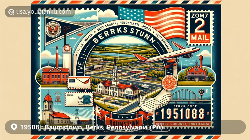 Modern illustration of Baumstown, Berks County, Pennsylvania, with elements of postal theme and symbols of the area, including US Highway 422, PA Route 345, Daniel Boone Homestead, the state flag of Pennsylvania, and Birdsboro's steel mills.