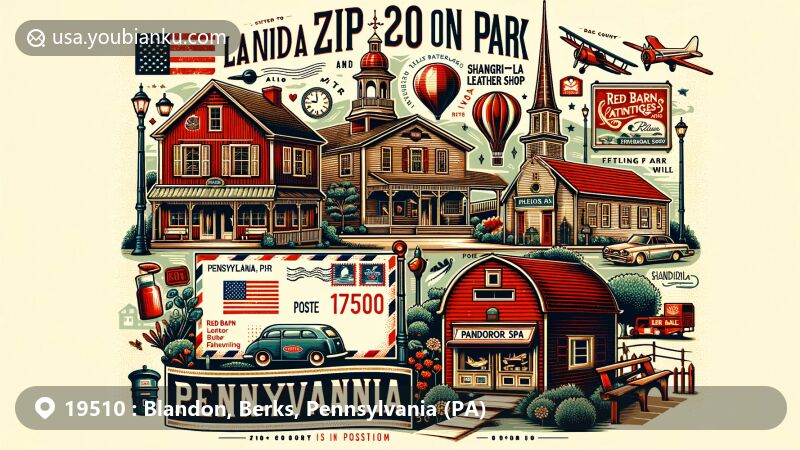 Modern illustration of Blandon, Berks County, Pennsylvania, reflecting postal theme for ZIP code 19510, with landmarks like Red Barn Antiques, Shangri-La Leather Shop, and Pandora Spa, complemented by Pennsylvania state symbols.