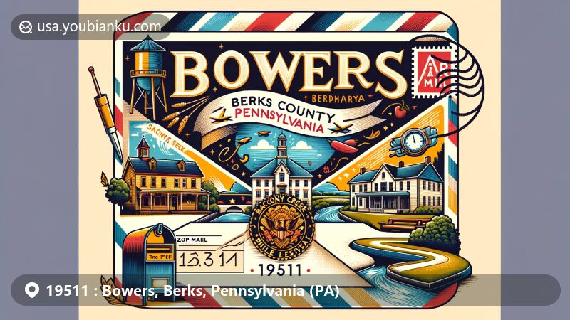 Modern illustration of Bowers, Berks County, Pennsylvania, with vintage air mail envelope featuring elements like Berks County outline, Sacony Creek, Bowers Chile Pepper Festival, and Bowers Hotel, all set within a postal theme.