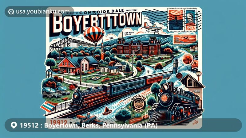 Modern illustration of Boyertown, PA 19512 area in Berks County, Pennsylvania, featuring Colebrookdale Railroad, Boyertown Community Park, and Bear Stadium, integrating postal elements like vintage air mail envelope, stamps, and postmark.