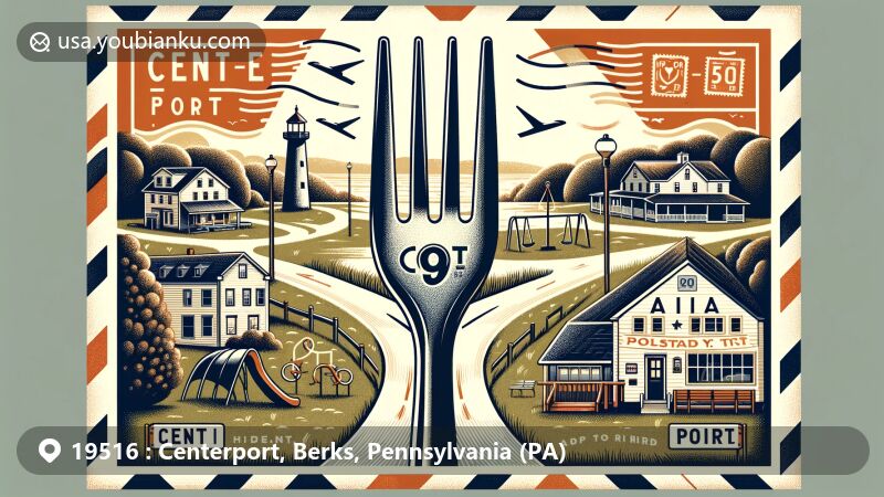 Modern illustration of Centerport, Pennsylvania, in Berks County, showcasing the iconic nine-foot-tall fork in the road as a unique landmark, with a backdrop of serene countryside. Includes a recreation area with playground equipment and a walking trail, emphasizing the community's active lifestyle. Features an air mail envelope design at the bottom or side, highlighting the ZIP Code '19516' and postal icons, reflecting the town's postal heritage.