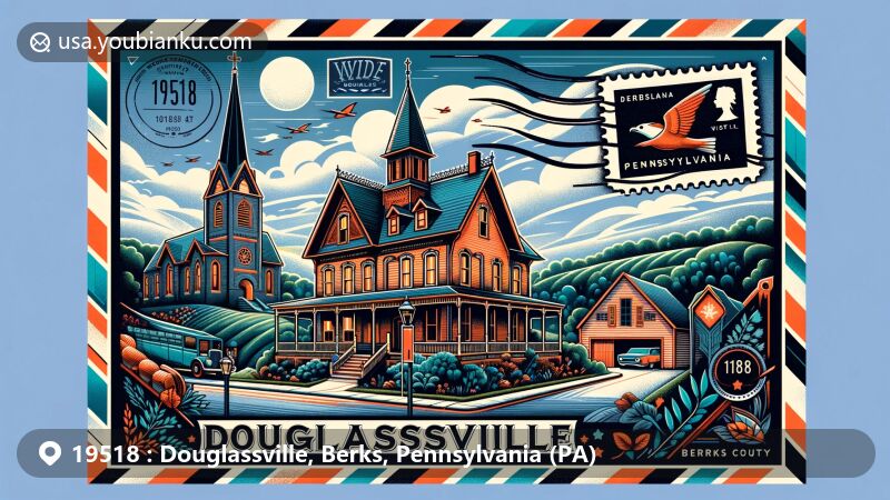 Modern illustration of Douglassville, Berks County, Pennsylvania, featuring postal theme with ZIP code 19518, highlighting Mouns Jones House and Old St. Gabriel's Episcopal Church.