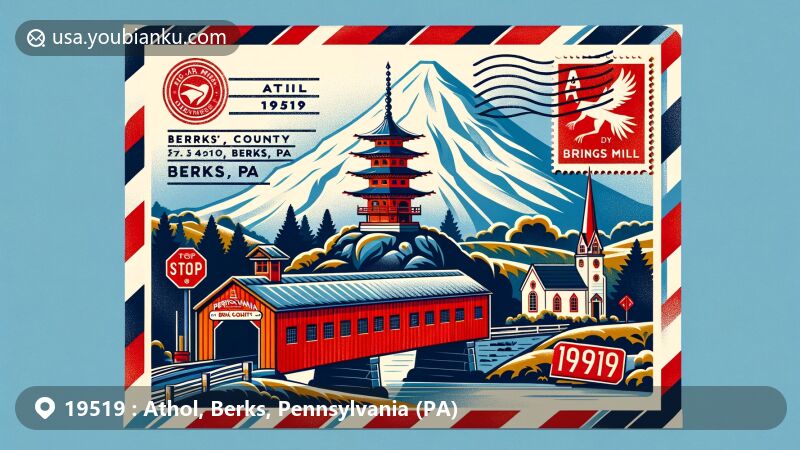 Modern illustration of Athol, Berks County, Pennsylvania, with postal theme showcasing ZIP code 19519, featuring the iconic Pagoda, Red Covered Bridge, and Pennsylvania state symbols.