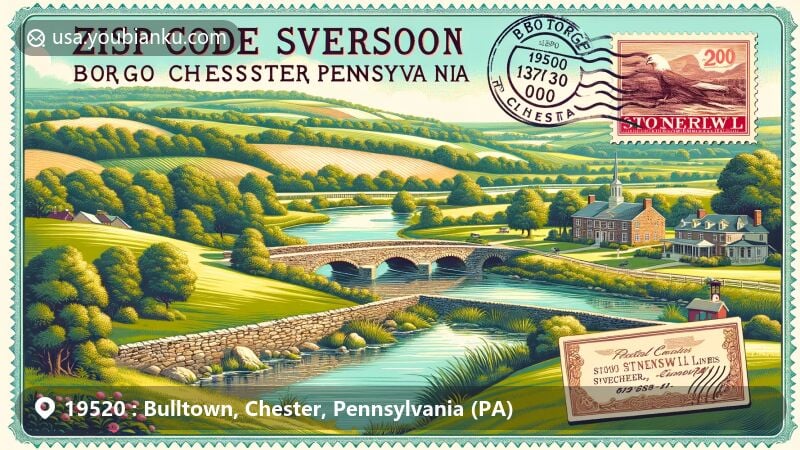 Modern illustration of Bulltown and Elverson areas in Chester County, Pennsylvania, showcasing picturesque countryside with rolling green hills and traditional stone walls, reflecting Stonewall Links golf course. Includes small-town charm of Elverson, highlighting historical significance and community vibe with postal stamp and '19520 Elverson, PA' mark.