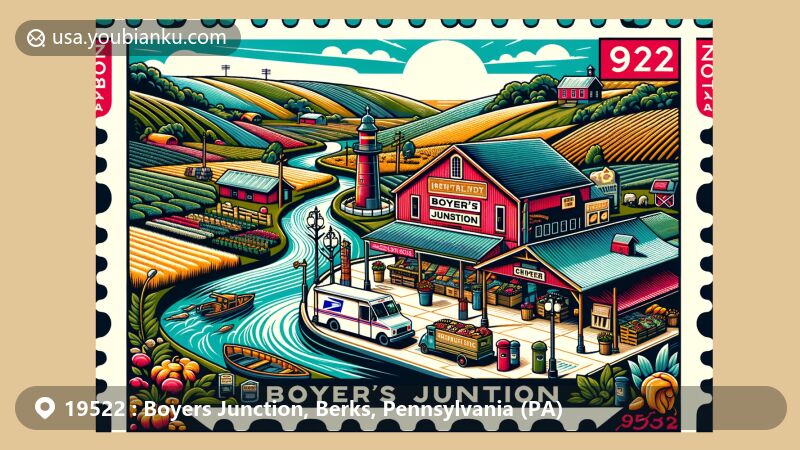 Modern illustration of Boyers Junction, Berks County, Pennsylvania, featuring Market at Boyer’s Junction surrounded by rural and community elements, including rolling hills, agriculture, and Bieber Creek.