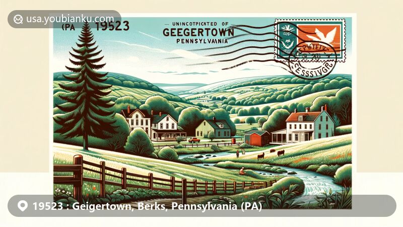 Modern illustration of Geigertown, Pennsylvania, merging rural landscape with postal elements, featuring rolling hills, creek, and lush greenery, along with vintage-style postage stamp showing emblem of Pennsylvania and postmark with '19523 Geigertown, PA'.