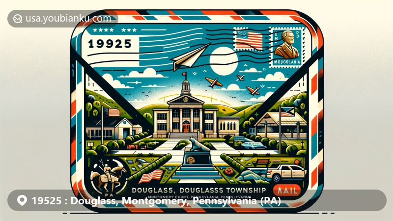 Modern illustration of Douglass Township, Montgomery County, Pennsylvania, featuring Douglass Township Building and War Memorial in an air mail envelope with Pennsylvania state flag stamp and '19525 Douglass, PA' postmark.