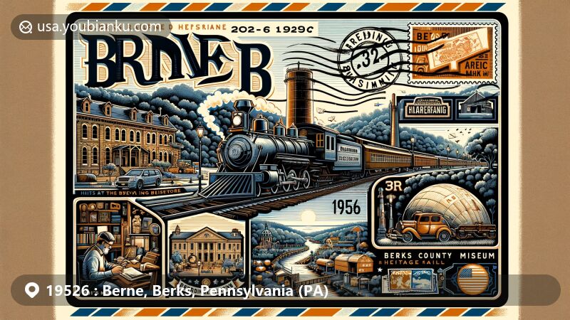Modern illustration of Berne, Berks County, Pennsylvania, featuring postal theme with ZIP code 19526, showcasing Reading Railroad Heritage Museum, Reading Public Museum, and Berks County Heritage Center.