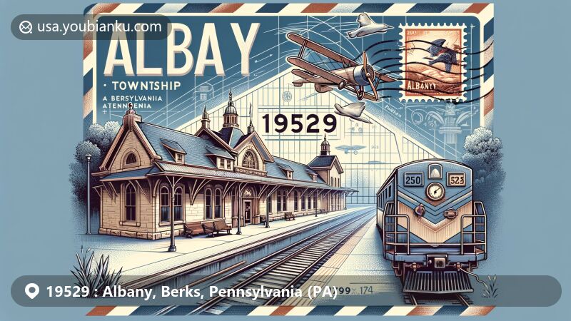 Modern illustration of Albany Township, Berks County, Pennsylvania, highlighting ZIP code 19529 with Kempton railway station and Pennsylvania German cultural heritage.