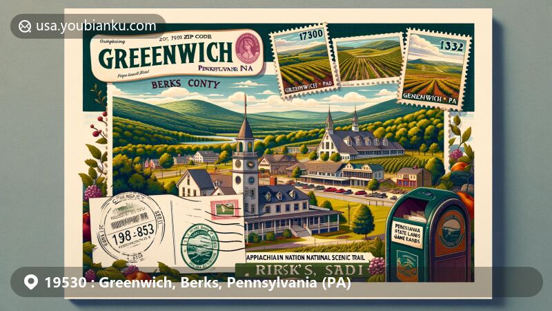 Modern illustration of Greenwich, Berks County, Pennsylvania, featuring Appalachian National Scenic Trail and Pennsylvania State Game Lands 182, showcasing Folino Estate vineyard and restaurant.
