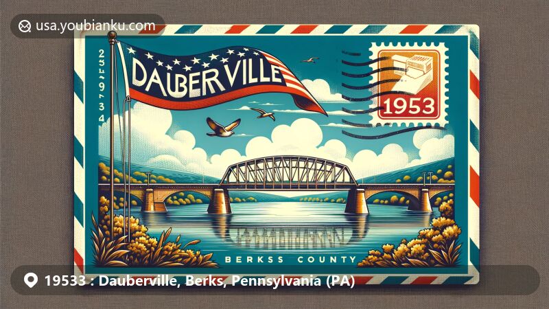 Modern illustration of Dauberville, Berks County, Pennsylvania, with vintage airmail envelope design featuring Dauberville Bridge, Dauberville Lake, and Pennsylvania state flag.
