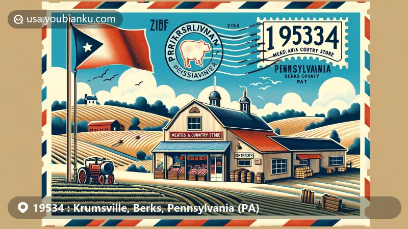 Modern illustration of Krumsville, Berks County, Pennsylvania, featuring Dietrich’s Meats and Country Store, Pennsylvania Dutch specialties, rural landscape, and state symbols.