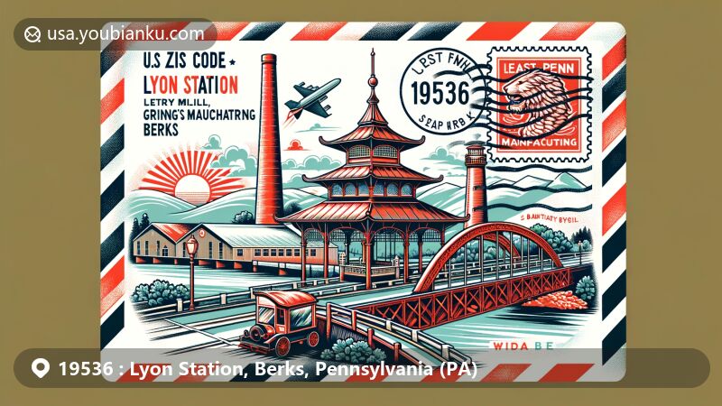 Modern illustration of Lyon Station, Berks County, Pennsylvania, featuring vintage air mail envelope theme with Berks County and unique Lyon Station elements, highlighting Reading Pagoda, Gring's Mill's Red Covered Bridge, and East Penn Manufacturing.