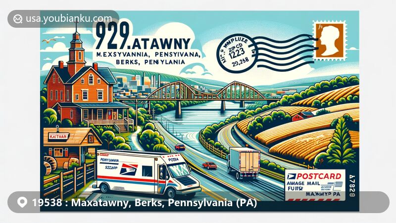 Modern illustration of Maxatawny, Berks County, Pennsylvania, featuring postal elements with ZIP code 19538, showcasing U.S. Route 222 and Pennsylvania Dutch culture.