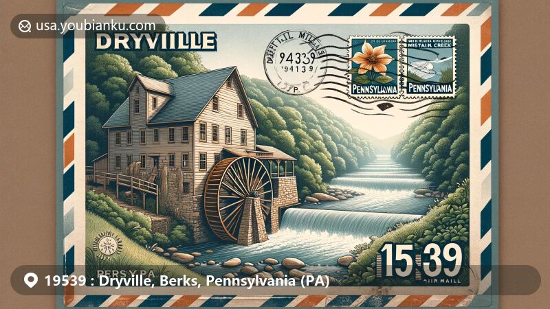 Modern illustration of Dryville, Berks County, Pennsylvania, featuring the historic Dryville Grist Mill along Bieber Creek, surrounded by lush greenery and postal elements like vintage air mail envelope with Pennsylvania state symbols.